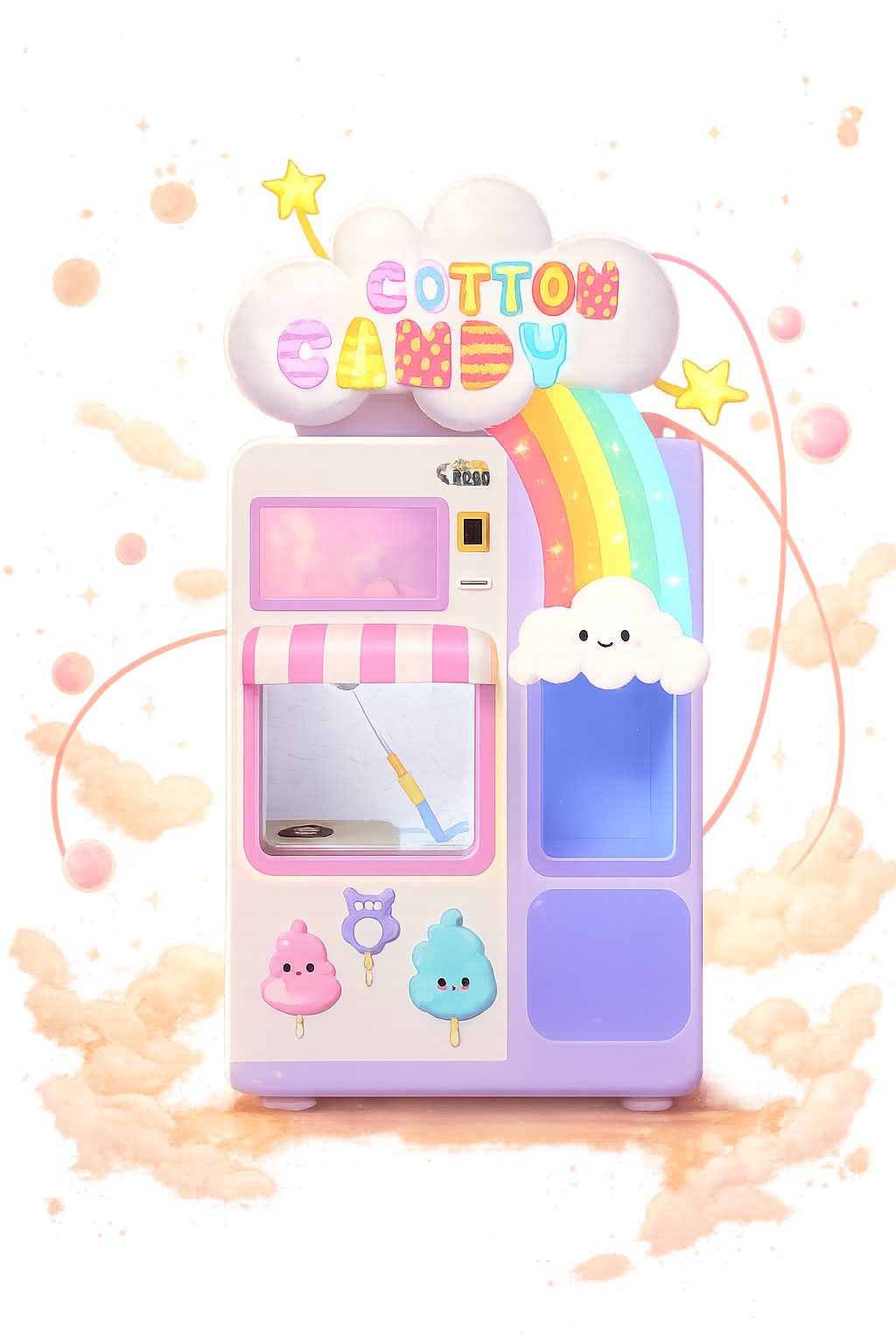 The Merch Avenue cotton candy kiosk — pastel vending machine with rainbow and clouds