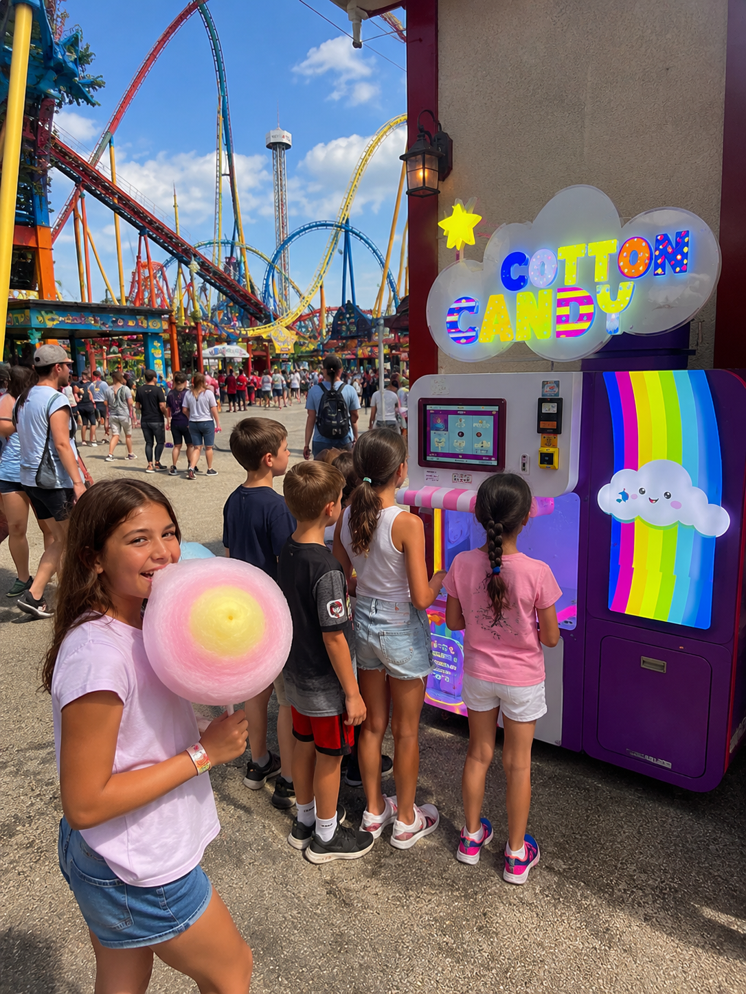 Kids enjoying cotton candy at a theme park